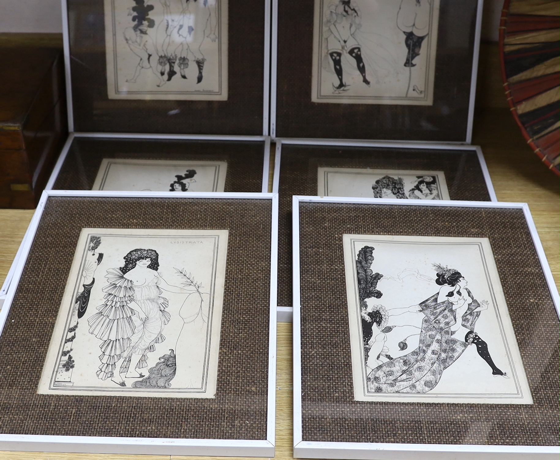 After Aubrey Beardsley, six monochrome prints, Illustrations from Lysistrata, visible sheet 27 x 20cm